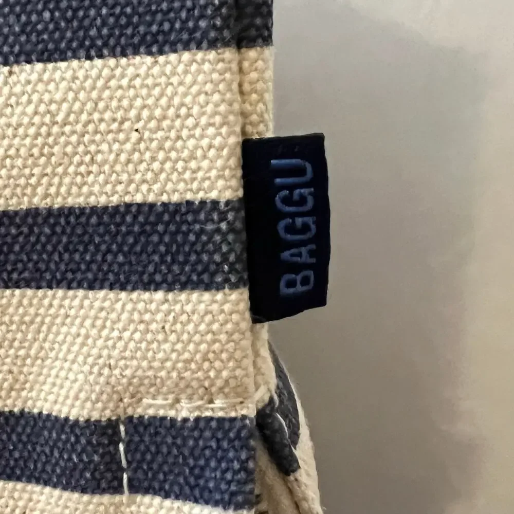 BAGGU Sailor Stripe Canvas Drawstring Backpack Black Cream Discontinued Large